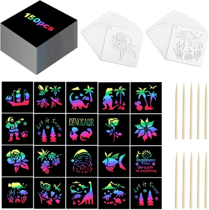 Eommmgl-180 Rainbow Scratch Paper Set,Scratch Art for 4-12 Kids, Mini Notes Arts and Craft Supplies,Matching Random Personalized Stencils ，Christmas Gift，School Classroom Activities, Travel Carrying.