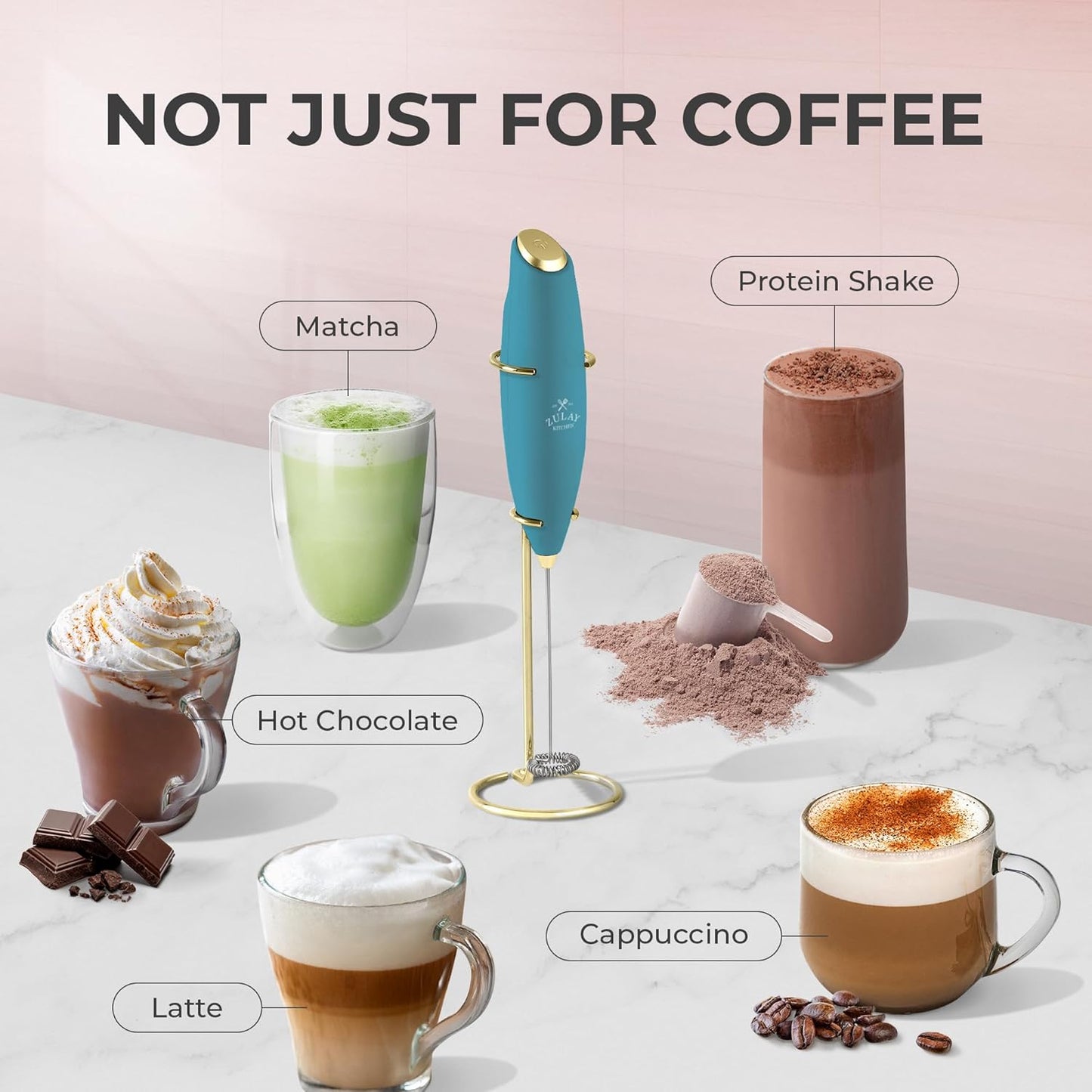 Zulay Kitchen Powerful Milk Frother Wand With Duracell Batteries - Ultra Fast Handheld Drink Mixer - Electric Whisk Foam Maker for Coffee, Lattes, Cappuccino & Matcha - Z1 Motor - Black - Colors D