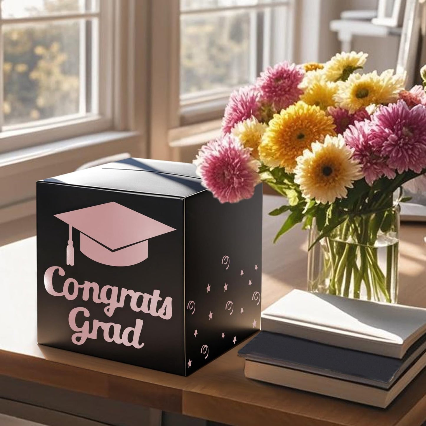 Graduation Card Box Holder, Congrats Grad Foldable Cardboard Decorations Box for Graduation Party Decoration and Grad Parties (Black)