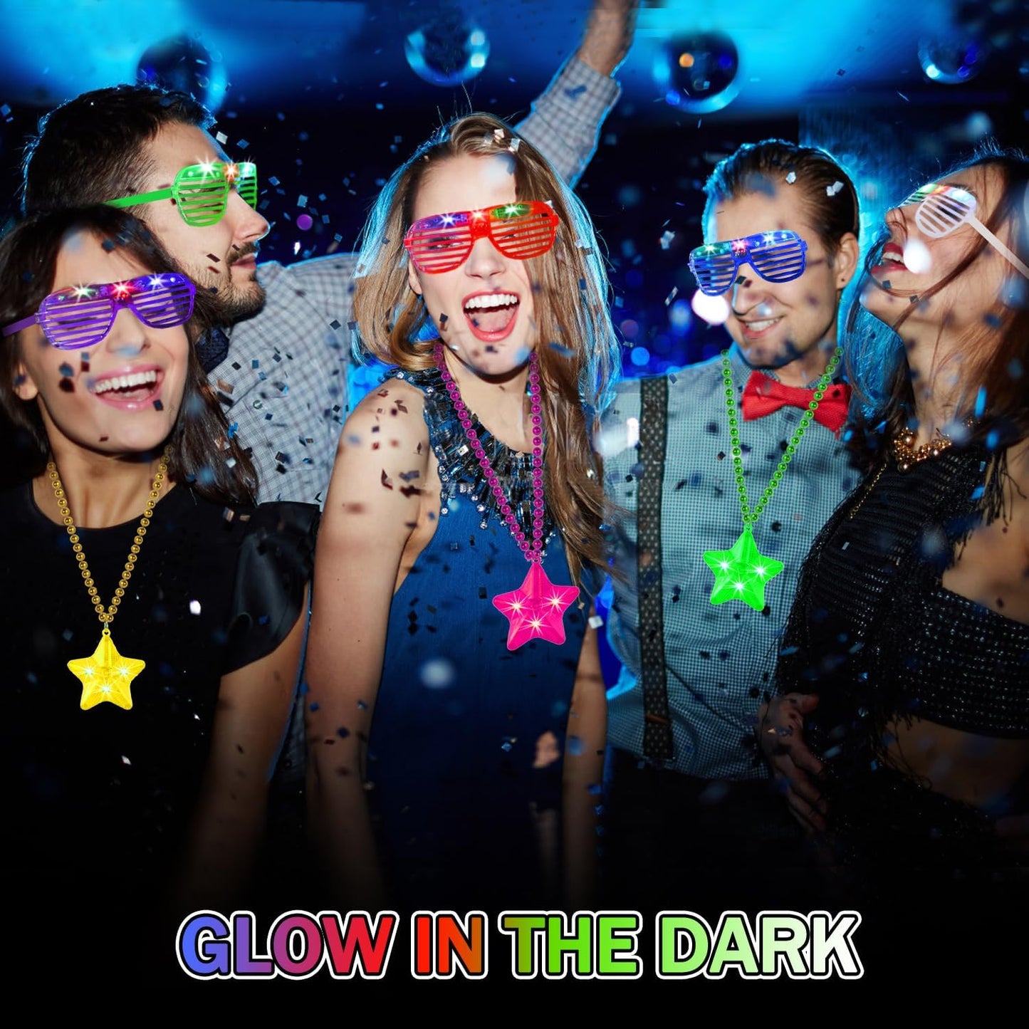 6 Pack Clear LED Glow Star Necklace Bulk Beaded Necklaces for Halloween Christmas Decorations Mardi Gras Party Favors