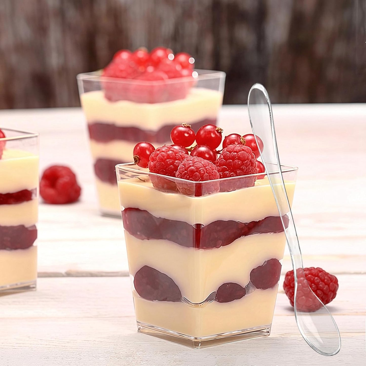 Zezzxu 3 oz Square Mini Dessert Cups with Spoons - 50 Pack Plastic Pudding & Parfait Cups Party Dessert Shooters for Serving Trifle Mousse Cake Appetizers