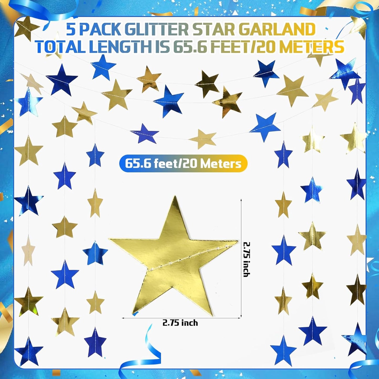 Spakon 65 Feet Glitter Star Paper Garland Banner Hanging Decoration Star Streamers Double Side 2026 Graduation Decorations for Wedding Birthday Festival New Year Party Decoration (Gold)