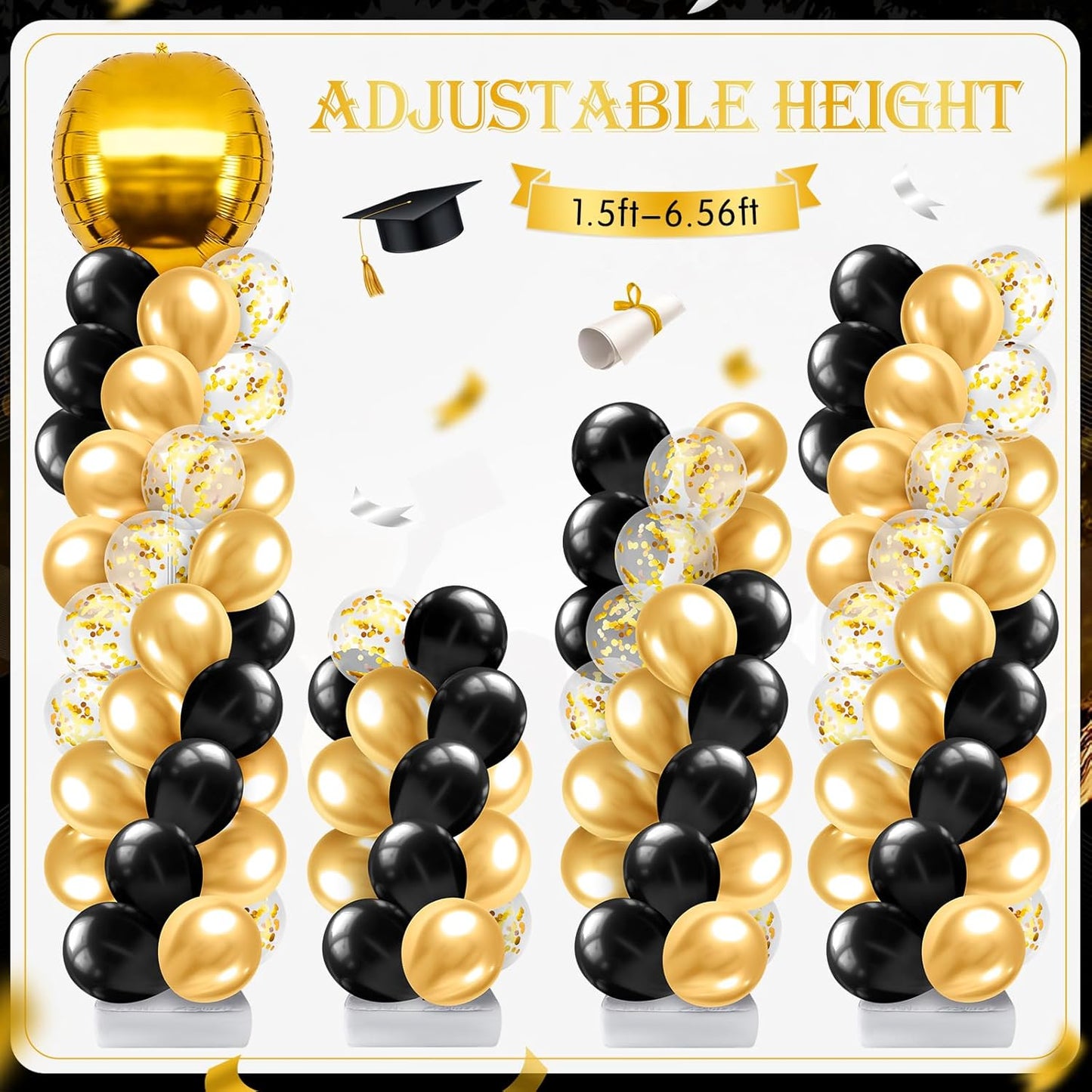2 Sets Blue and Black White Graduation Balloon Column Stand Kit for Class of 2026, Adjustable Floor Balloon Arch Tower with Foil & Latex Balloons, DIY Decor for Grad Ceremony Backdrop