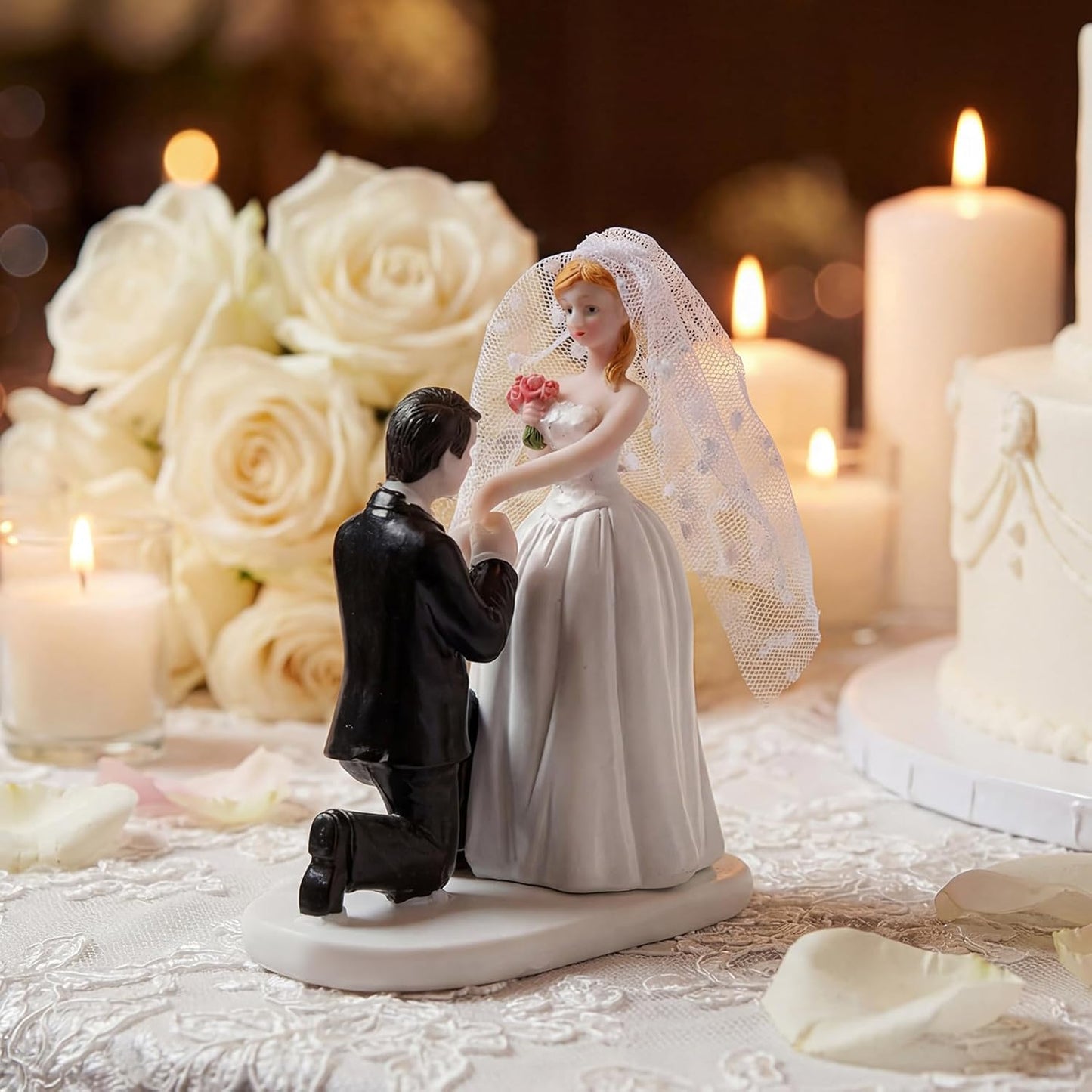 Remerry 4.5" Wedding Bride and Groom Cake Topper Vintage Elegant Wedding Cake Topper Couple Figurine Novios Para Pastel for Engagement Romantic Funny Couple Statue Anniversary(Romantic Era,White)