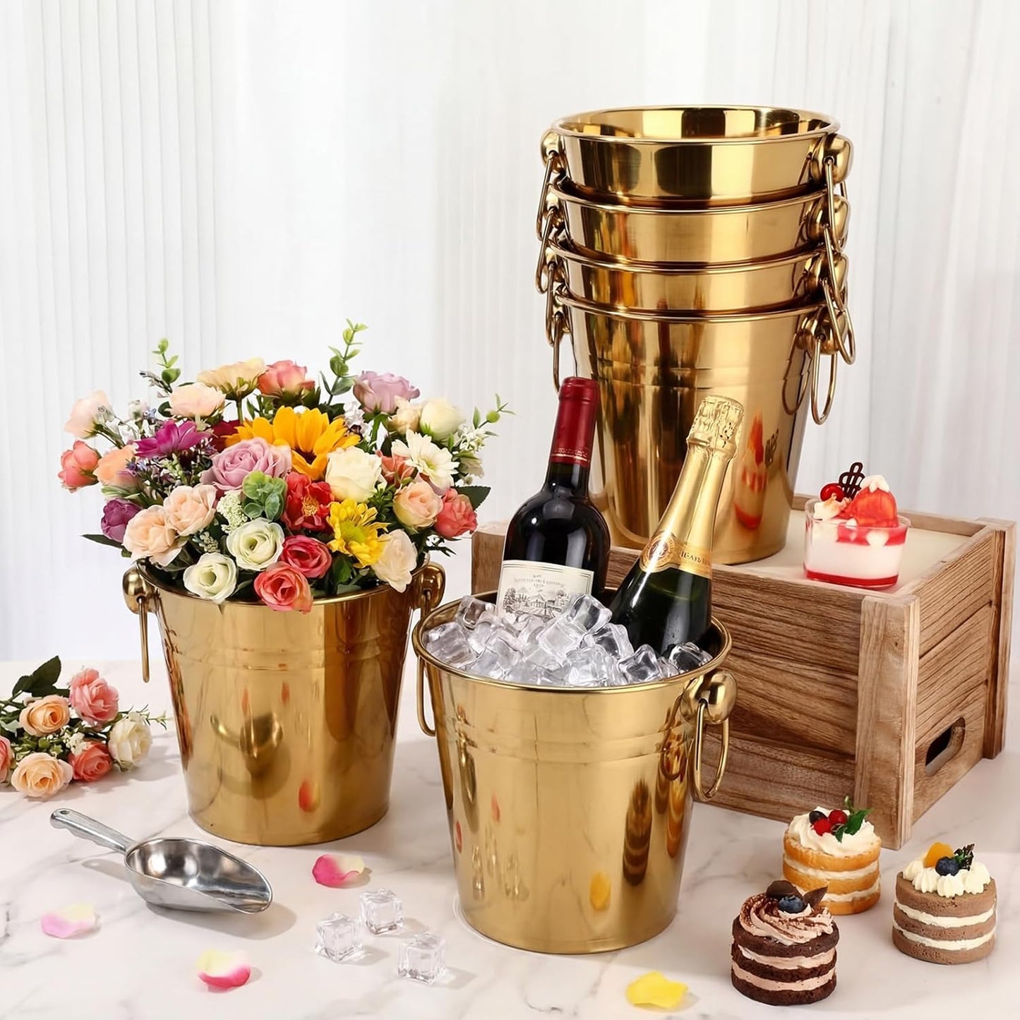 Mumufy 6 Pcs 3.3 Qt / 3 L Champagne Ice Buckets Stainless Steel Ice Bucket with Handles,Drink and Wine Chiller Great for Home Bar Club Party Supplies, Chilling Champagne and Sparkling Wine (Silver)