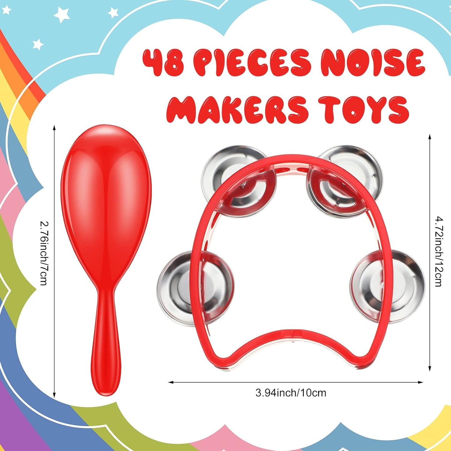 Libima 48 Pcs Shaker Musical Instruments Noise Makers Bulk Including 24 Percussion Tambourines Bell and 24 Mini Neon Maracas Shakers Handheld Tambourine Musical Rhythm Instruments Gift Party Favor