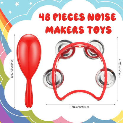 Libima 48 Pcs Shaker Musical Instruments Noise Makers Bulk Including 24 Percussion Tambourines Bell and 24 Mini Neon Maracas Shakers Handheld Tambourine Musical Rhythm Instruments Gift Party Favor
