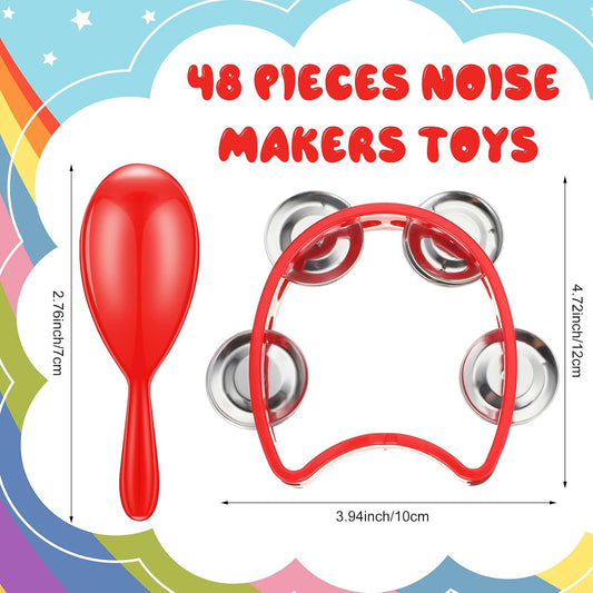 Libima 48 Pcs Shaker Musical Instruments Noise Makers Bulk Including 24 Percussion Tambourines Bell and 24 Mini Neon Maracas Shakers Handheld Tambourine Musical Rhythm Instruments Gift Party Favor
