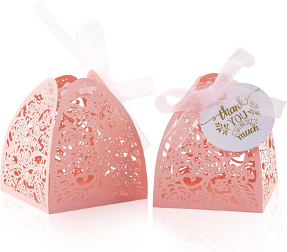 AdasBridal 50Pcs Small Gift Boxes for Party Favors, Laser Cut Candy Boxes Wedding Favor with Thank You Card Ribbons for Bridal Baby Shower Wedding Decorations (White, 2.36")