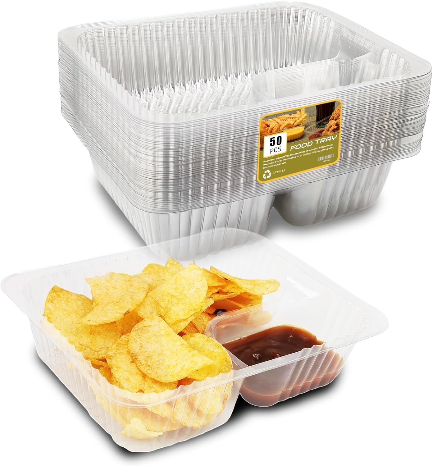 50 PC Nacho Trays Disposable, 12oz Plastic Nacho Containers with Chip and Dip Holder, 6x5 In 2 Compartments Clear Snack Trays for Kids,Parties, Movie Night Supplies (Plastic-50pc)