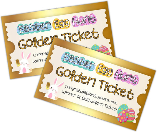 Golden Ticket Easter Egg Hunt Cards | 30 Pk 2x3.5” to put inside Neighborhood Prize Egg Game Labels Tags Bulk Gold Tickets