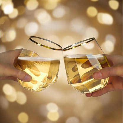Goodluck 40 PCS Diamond Stemless Plastic Wine Whiskey Glasses, 12 Oz Disposable Cocktail Glasses, Suitable for Weddings, Birthday Parties, Family Gatherings, Bars, etc （Gold rimmed cups）