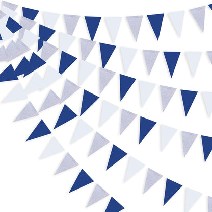 30Ft Navy Blue Gold and Beige Party Decorations Royal Blue Gold Triangle Flag Pennant Banner Bunting for Graduation Birthday Wedding Bridal Shower Nautical Ahoy Achor Theme Party Decorations Supplies