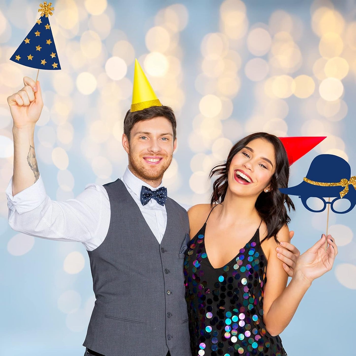 Zonon 24 Pcs Funny Photo Booth Props Class of 2026 Graduation Birthday Wedding Family Class Reunion Prom Disco Party Celebration Decoration Supplies Mix of Hats, Lipstick, Tie(Blue and Black)