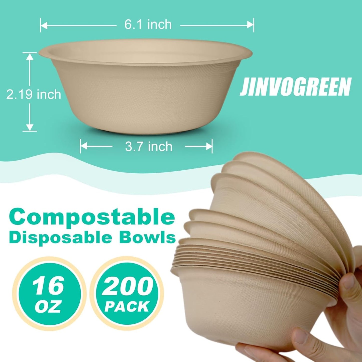 JINVOGREEN 200 Count 12 oz Paper Bowls, Disposable Compostable Bowls Bulk, Heavy Duty Biodegradable Bagasse Bowl for Snacks, Soup, and Salads, White