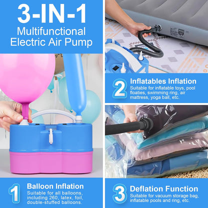 Electric Balloon Pump, Dagelar 3-in-1 Air Pump for Inflatables and Balloons, Portable Balloon Pump for Latex 260Q Long Foil Balloons, 110V Dual Nozzle Inflator Deflator for Pool Floats Air Beds (Teal)