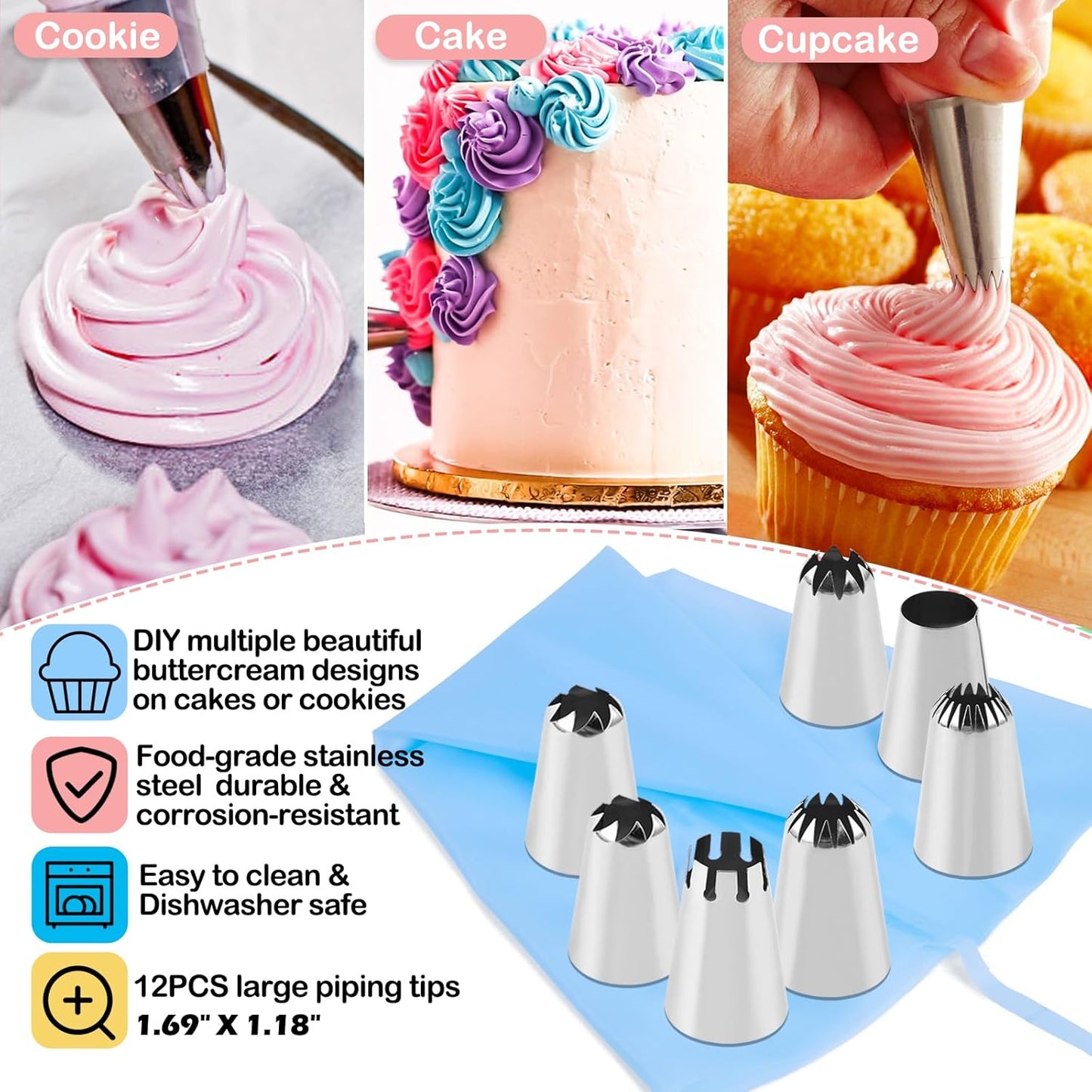12PCS Large Piping Tips Set, Stainless Steel frosting tips with Reusable Pastry Bag, Cake Decorating Tips Set for DIY Pastry Dough, Cookie, Cupcake, Cake