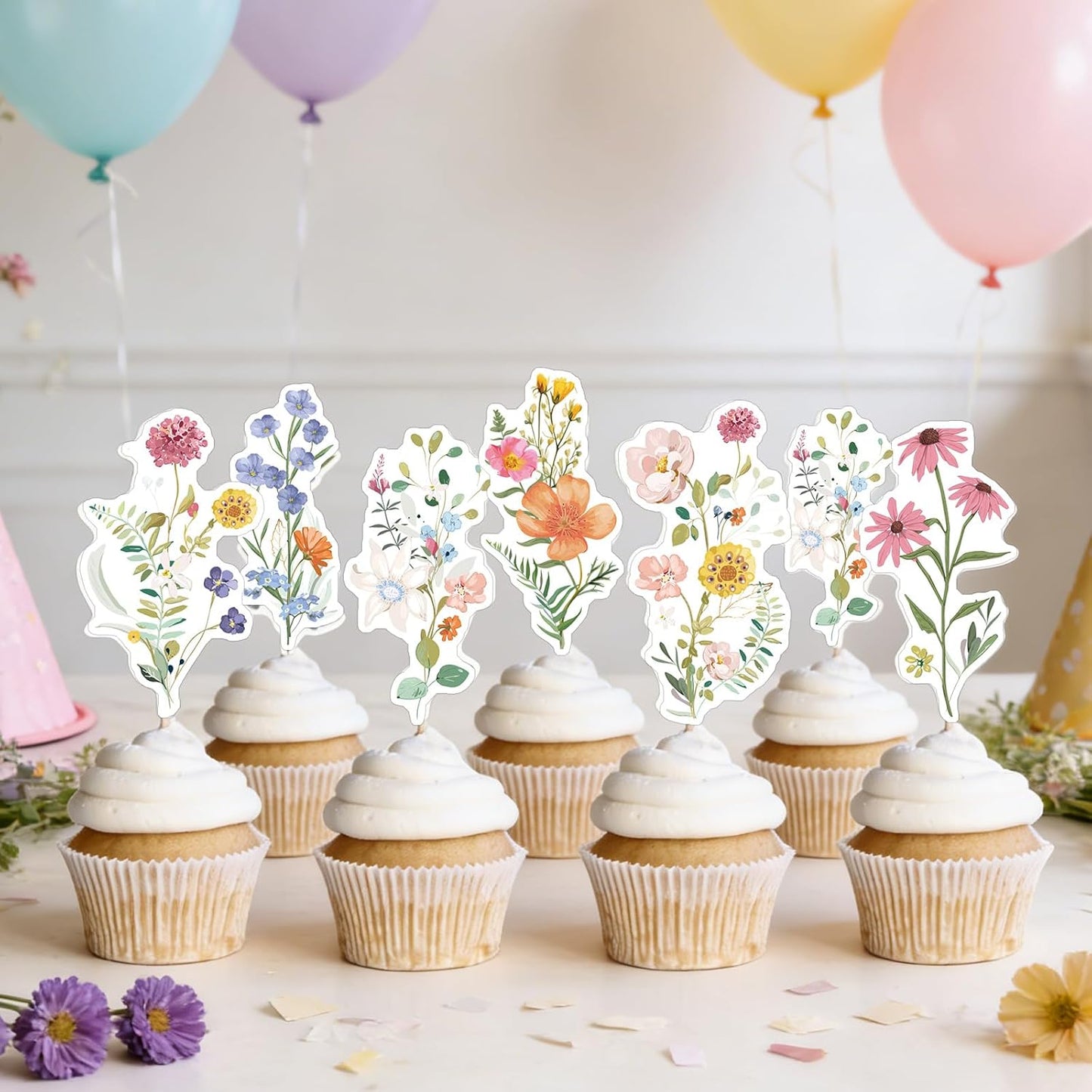 Rngmsi Flower Birthday Cupcake Toppers Decorations, 40PCS Wildflower Baby in Bloom Baby Shower Cake Decorations for Girls Women, Garden Floral Fairy Party Decor