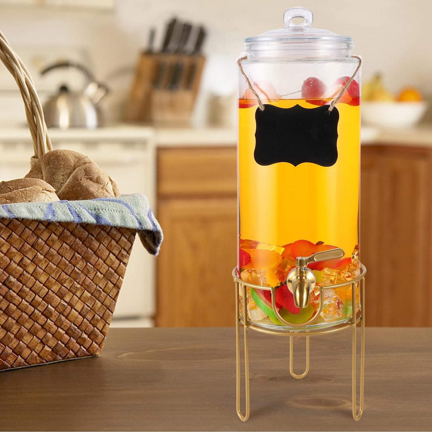 Drink Dispensers for Parties 1 Gallon, Bevarage Dispenser with Stand,Glass Drink Dispenser With Stainless Steel Spigot + Marker & Chalkboard, Ideal for Lemonade,Juice, Tea, and Party Drinks