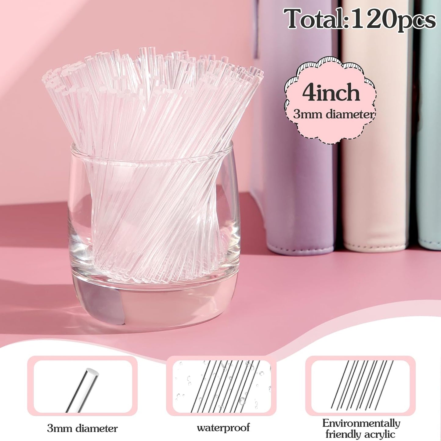 Vicenpal 120 Pcs 12 Inch Clear Acrylic Rods 3mm Diameter Round Acrylic Dowel Rods for DIY Crafts Party Decorations Gardening