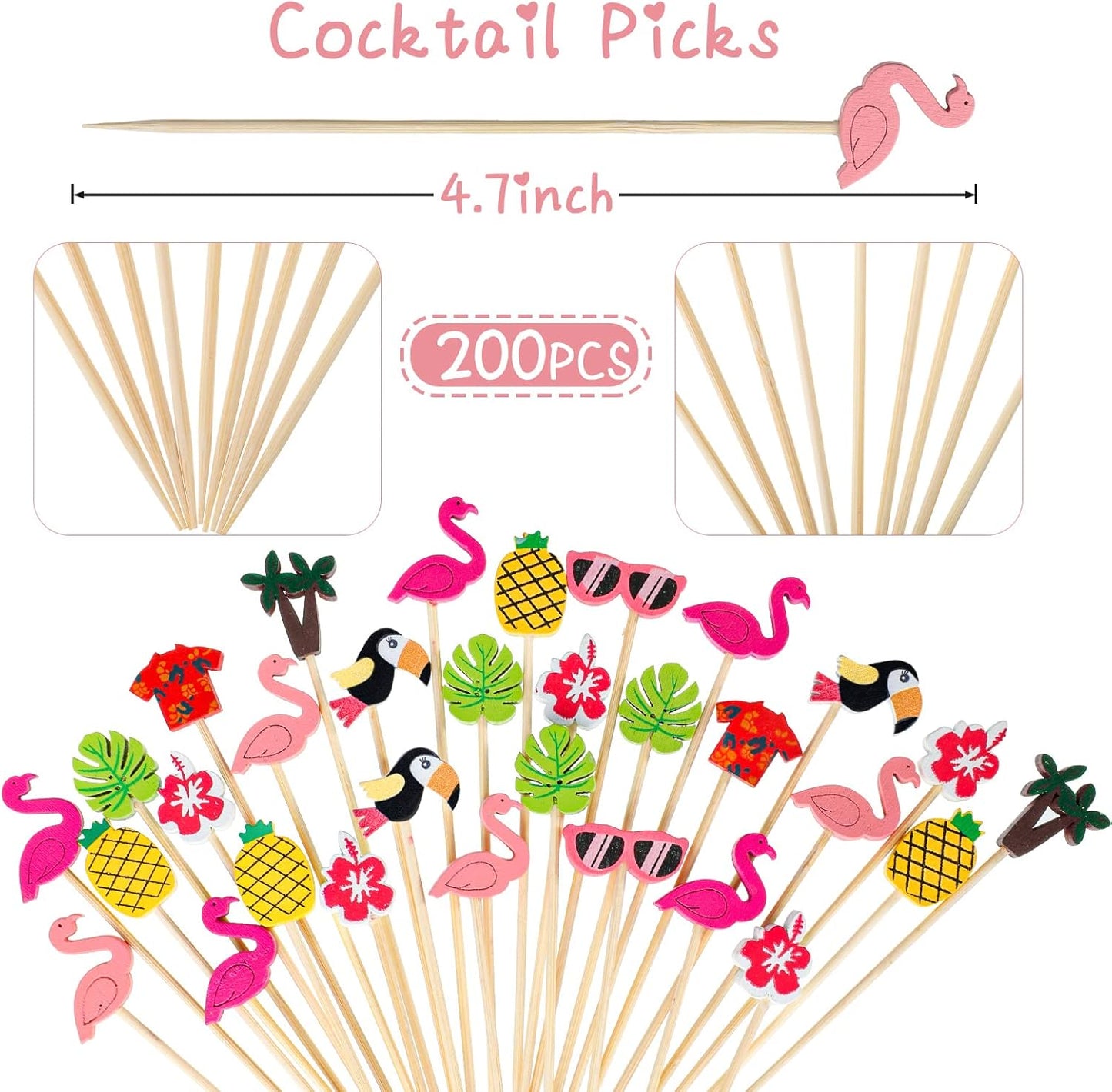 Hawaiian Luau Assorted Picks Tropical Cocktail Bamboo Toothpicks Flamingo Pineapple Beach Toucan Palm Leaf Handmade for Appetizers Food Drinks Luau Hawaii Beach Holiday Party Supplies (200 Pieces)
