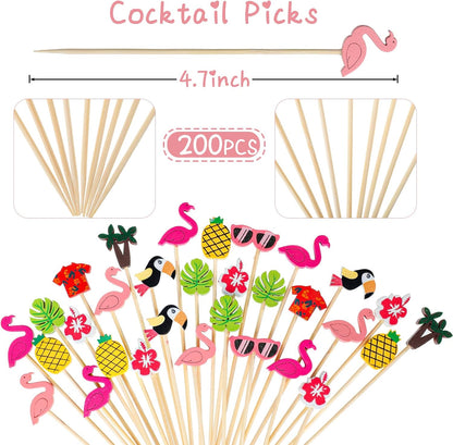 Hawaiian Luau Assorted Picks Tropical Cocktail Bamboo Toothpicks Flamingo Pineapple Beach Toucan Palm Leaf Handmade for Appetizers Food Drinks Luau Hawaii Beach Holiday Party Supplies (200 Pieces)