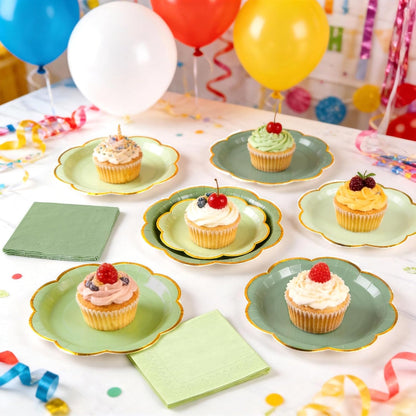 Sage Green Plates and Napkins Party Supplies for 20 Guests,Green Scalloped Paper Plates with Gold Rim, Elegant Disposable Tableware Set for Birthday,Baby Shower, Wedding, Bridal & Tea Party,60 PCS
