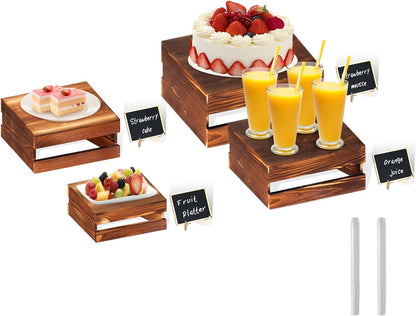 8 Pcs Buffet Risers with Mini Signs, Rustic Wood Cake Stands, Food Risers for Buffet Table, Dessert Display Stand, Wood Crates, Rustic Cake Stand for Party, Wedding, Birthday, Baby Shower, 4 Sizes