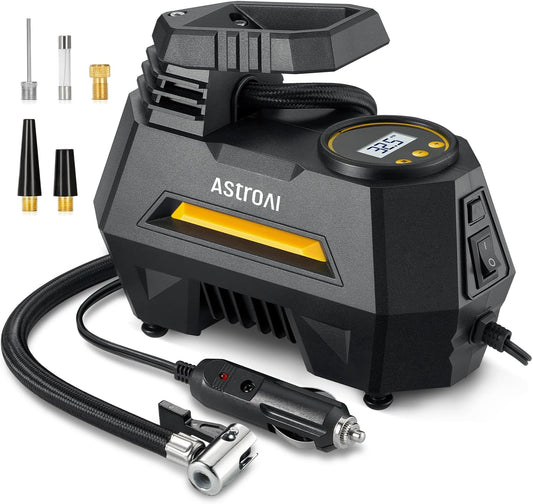 AstroAI AIRUN H Tire Inflator Portable Air Compressor Air Pump for Car Tires-Car Accessories, 9.8Ft Cord-12V DC-Powered Auto Pump with Digital Pressure Gauge, LED Light for Bicycle, Balloons, Yellow