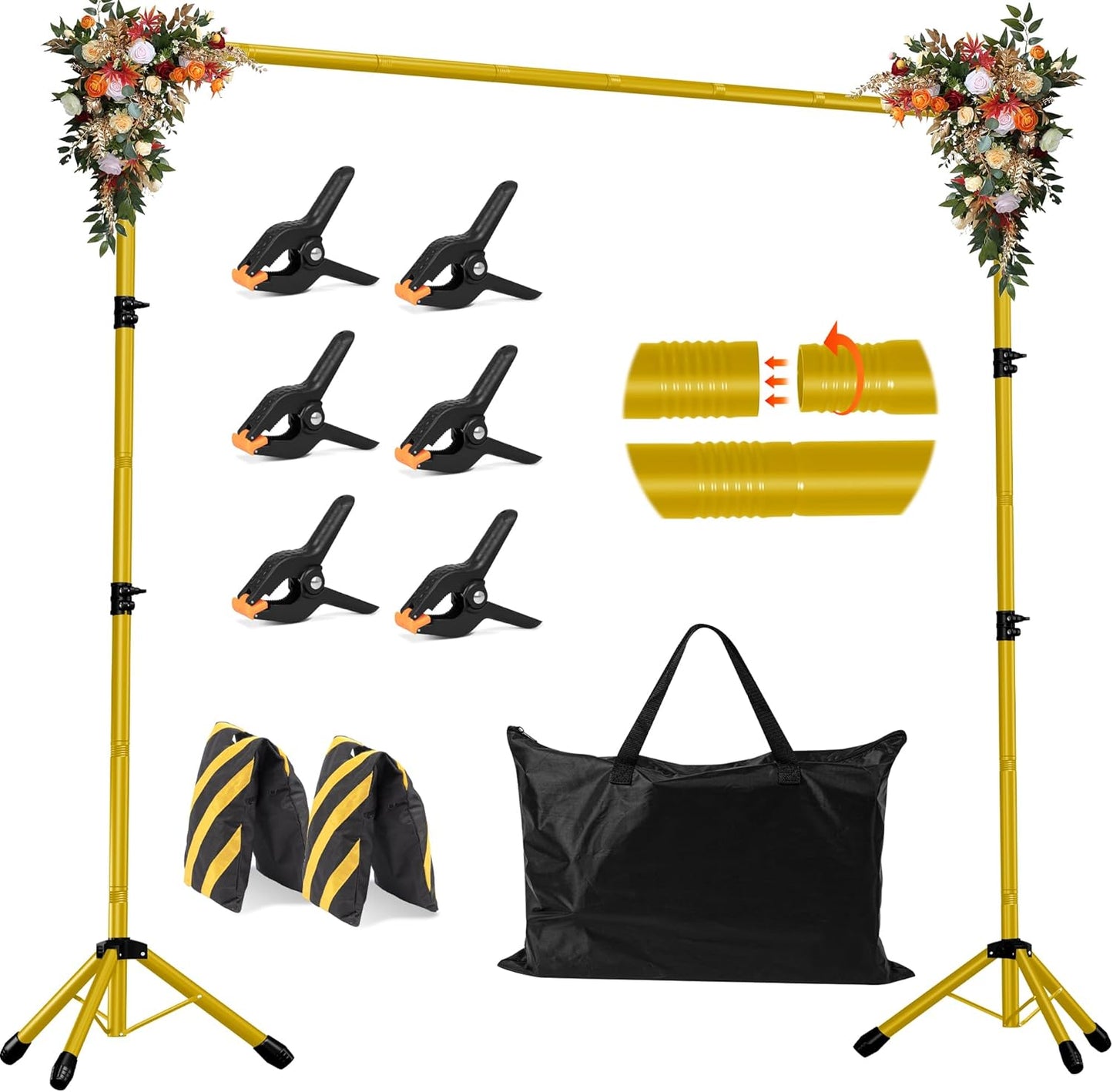 Backdrop Stand, Adjustable 10x7.5 FT Background Stand Backdrop for Parties, Photo Video Studio, Portable Photography Backdrop Stand with Carrying Bag, 6 Backdrop Clamps, and 2 Stand Bags