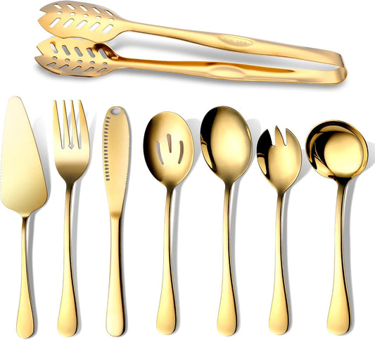 Gold Serving Utensils, OGORI 12-Piece Stainless Steel Serving Utensils Include Serving Spoons, Slotted Spoons, Serving Tongs, Serving Forks, Butter Knife, Stirring Spoon, Soup Ladle, Pie Server