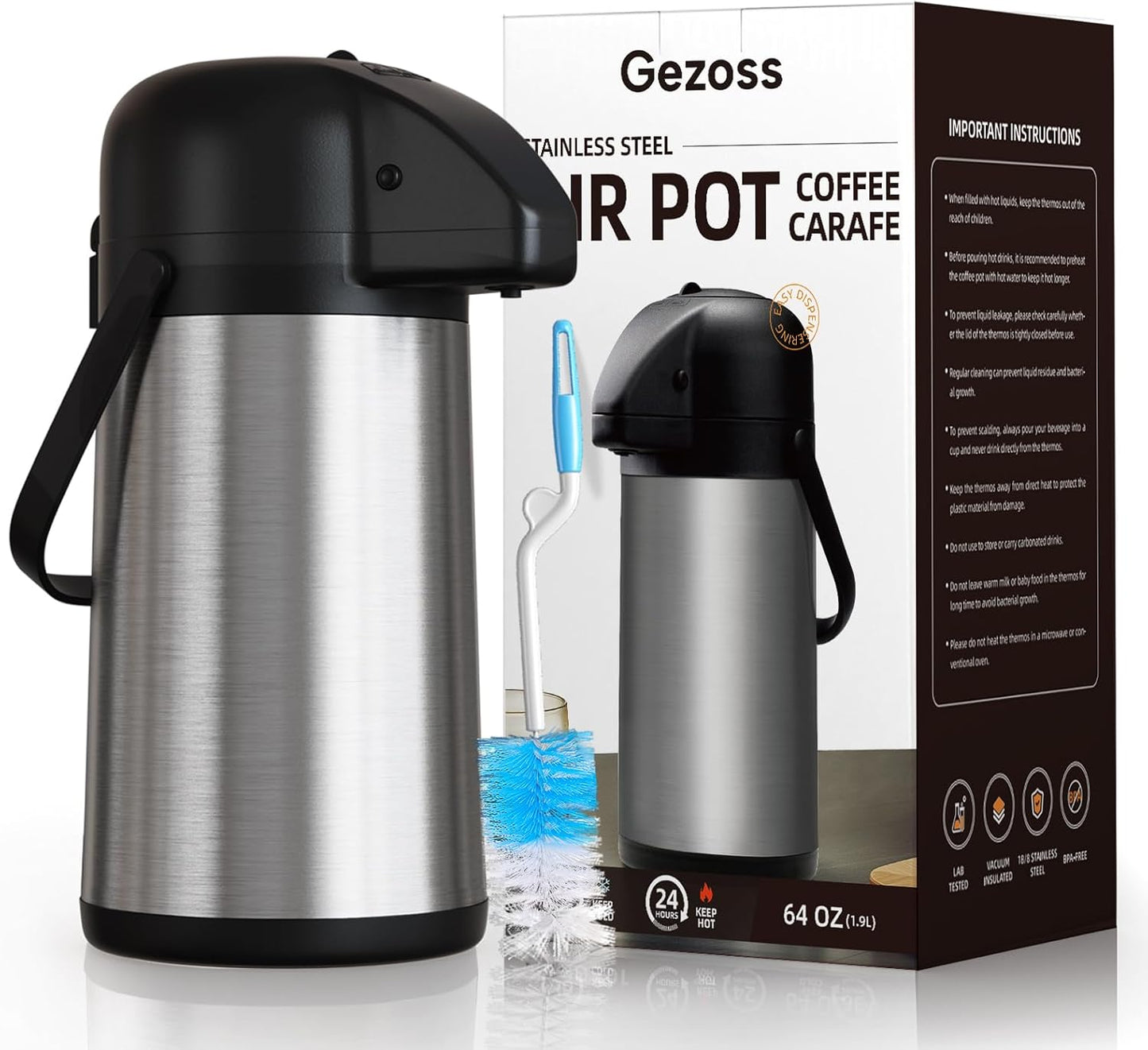 Coffee Carafe for Keeping Hot - Gezoss 102OZ / 3L Airpot Coffee Dispenser with Pump - Large Coffee Carafe for Hot Drinks Tea Liquid - Insulated Stainless Steel Hot Water Beverage Urn for Parties