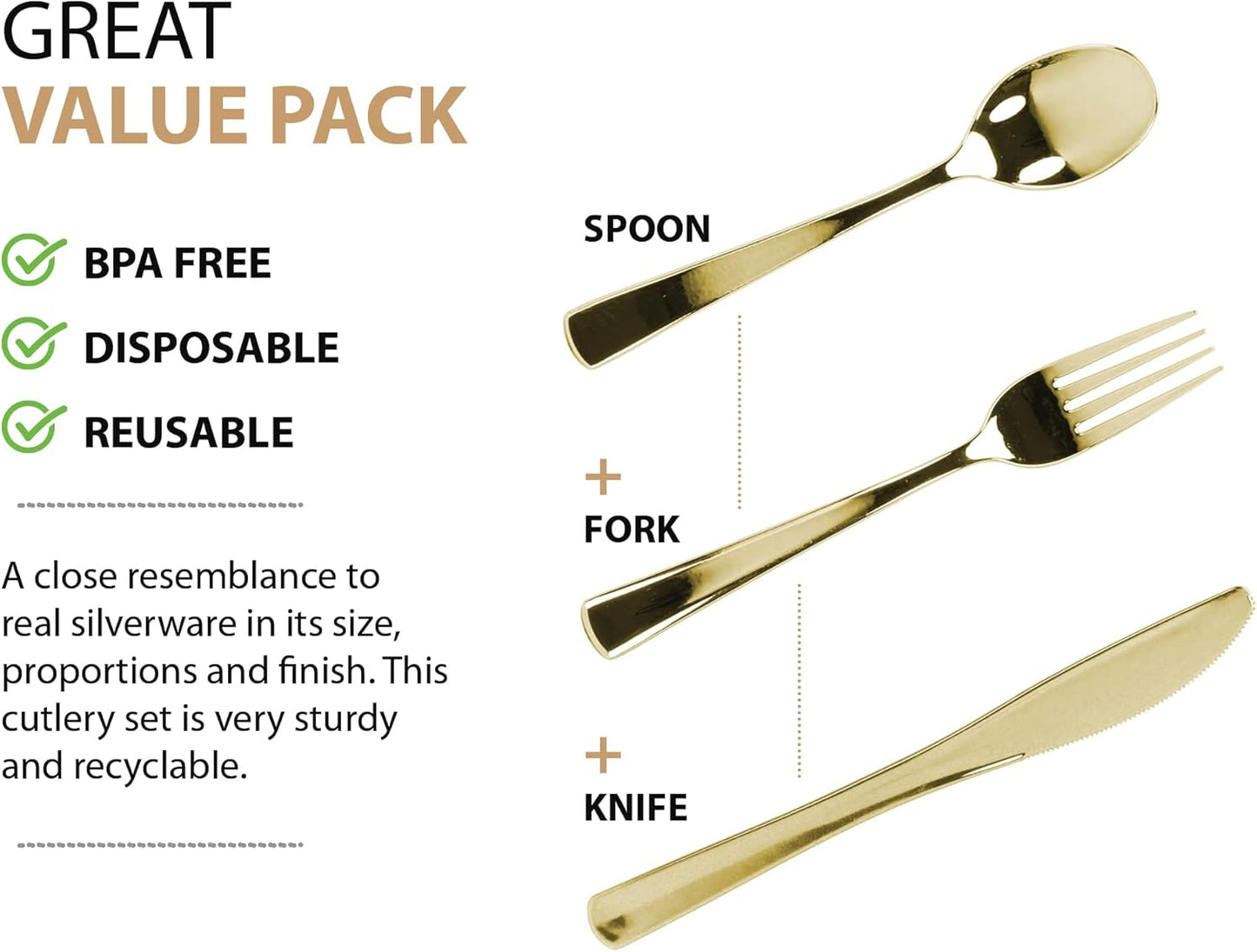 Plastic Cutlery Silverware Extra Heavyweight Disposable Flatware, Full Size Cutlery Combo, Polished Silver, 80 Forks, 40 Spoons, 40 Knifes, Value Pack 160 Count