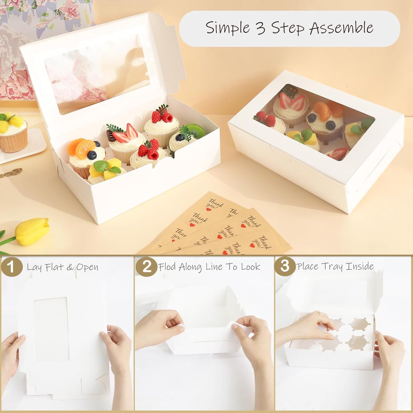 30 Pcs Cupcake Boxes with Clear Window, 9.4'' X6.3'' X3'', Food Grade Materials, Easy Assembly - Containers for Muffins, Cookies, Candies, and Bakeries