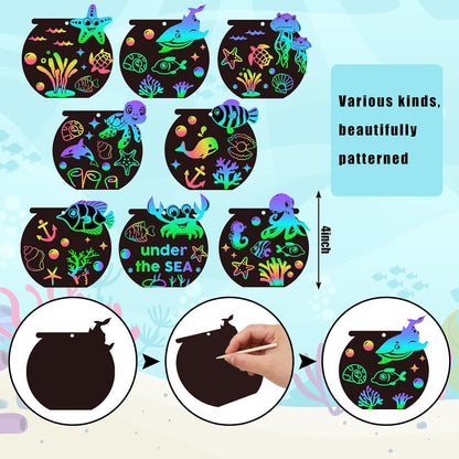 FYSUIMU 80Pcs Ocean Animals Scratch Art Crafts Rainbow Magic Scratch Off Card Kit DIY Under The Sea Bookmarks with 80Pcs Ribbons and 40Pcs Wooden Styluses for Summer School Activity Party Games