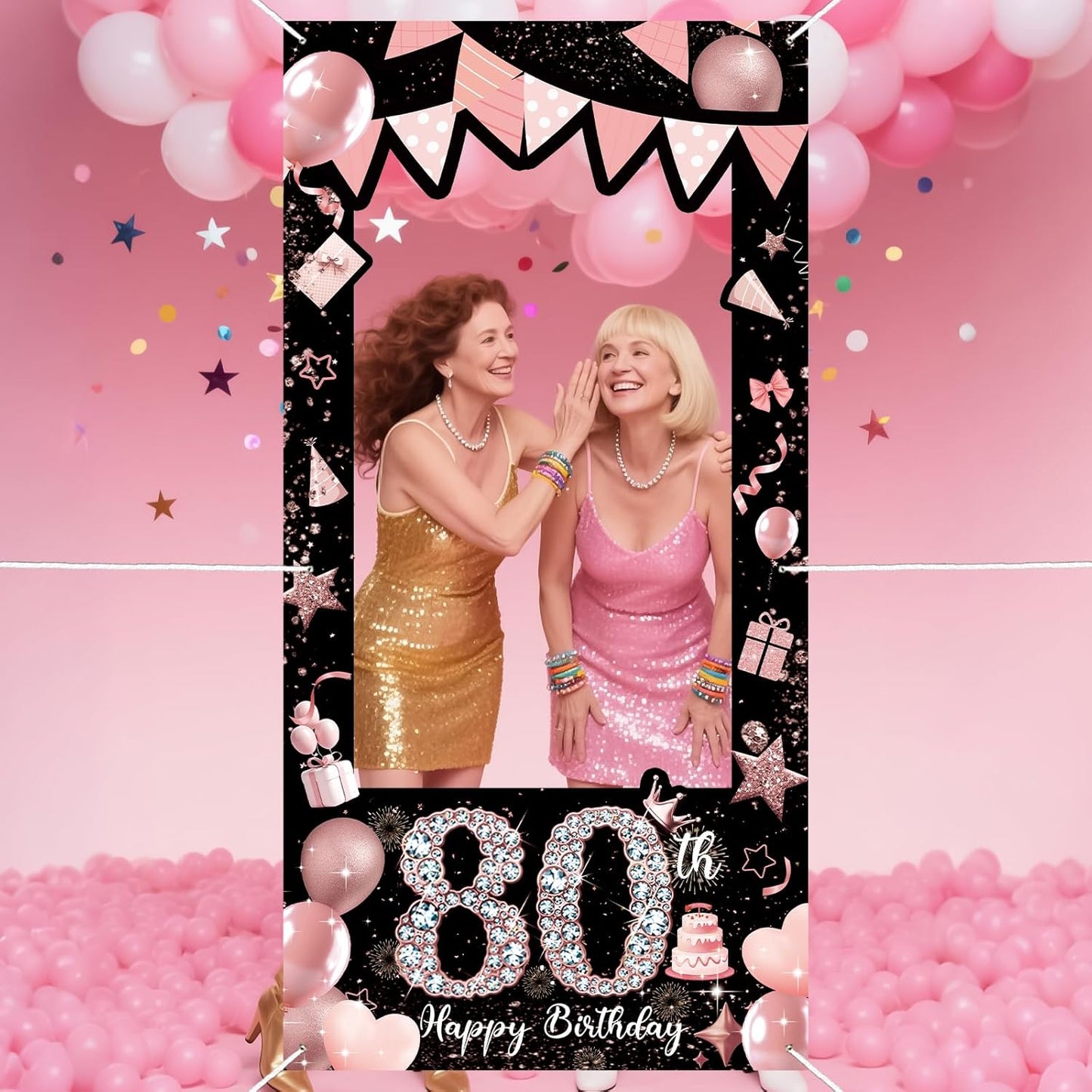 Pink 80th Birthday Neon Photography Banner Backdrop Glow Party Disco Dance Neon Theme Birthday Banner Photo Frame Props Props Selfie Background Face Cutout Photo Props Decoration