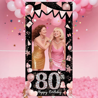 Pink 80th Birthday Neon Photography Banner Backdrop Glow Party Disco Dance Neon Theme Birthday Banner Photo Frame Props Props Selfie Background Face Cutout Photo Props Decoration