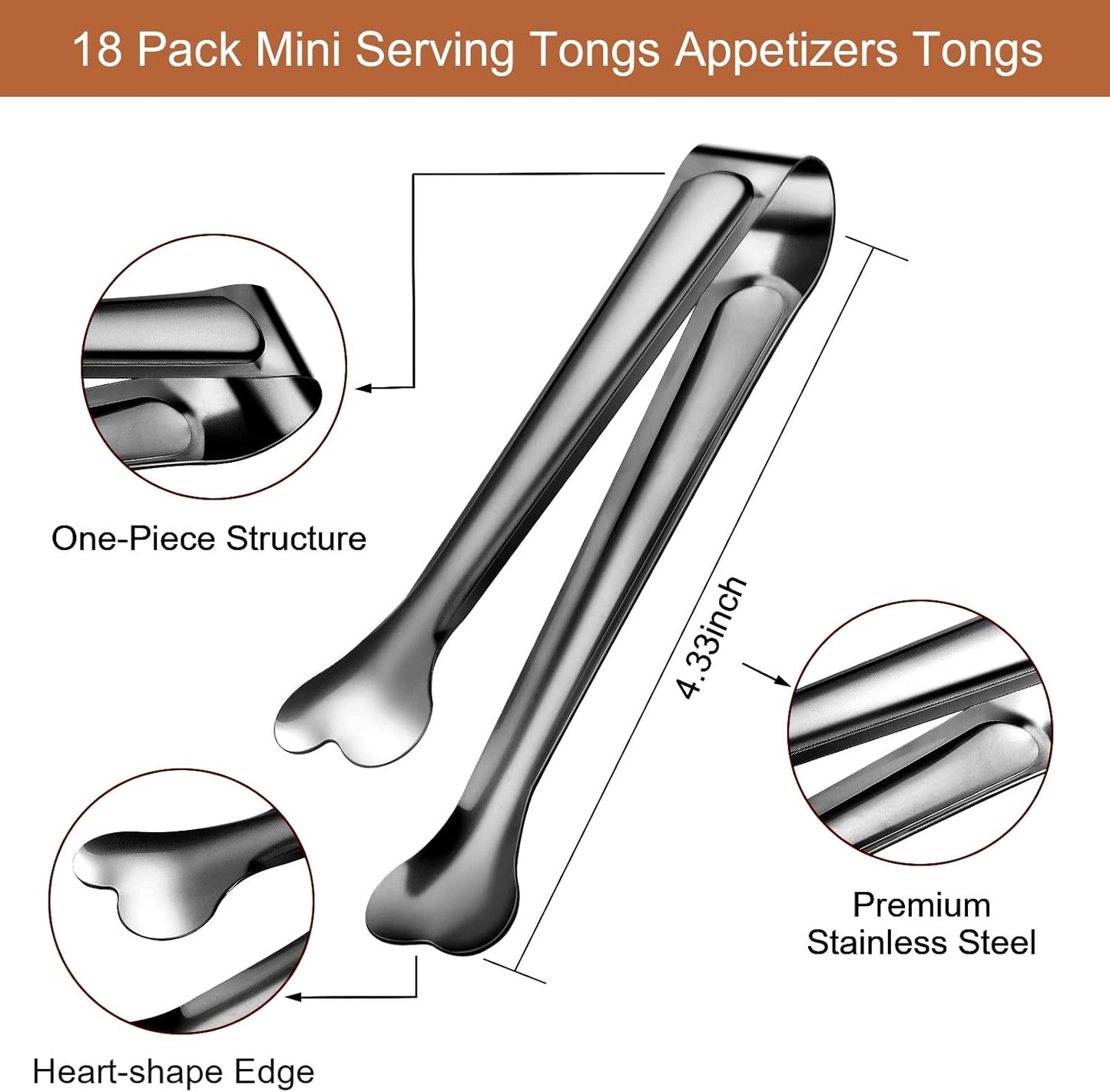 Dmoera 18 Pack Premium Small Serving Tongs, Mini Stainless Steel Appetizer Tongs 4.33Inch Silver