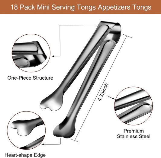 Dmoera 18 Pack Premium Small Serving Tongs, Mini Stainless Steel Appetizer Tongs 4.33Inch Silver