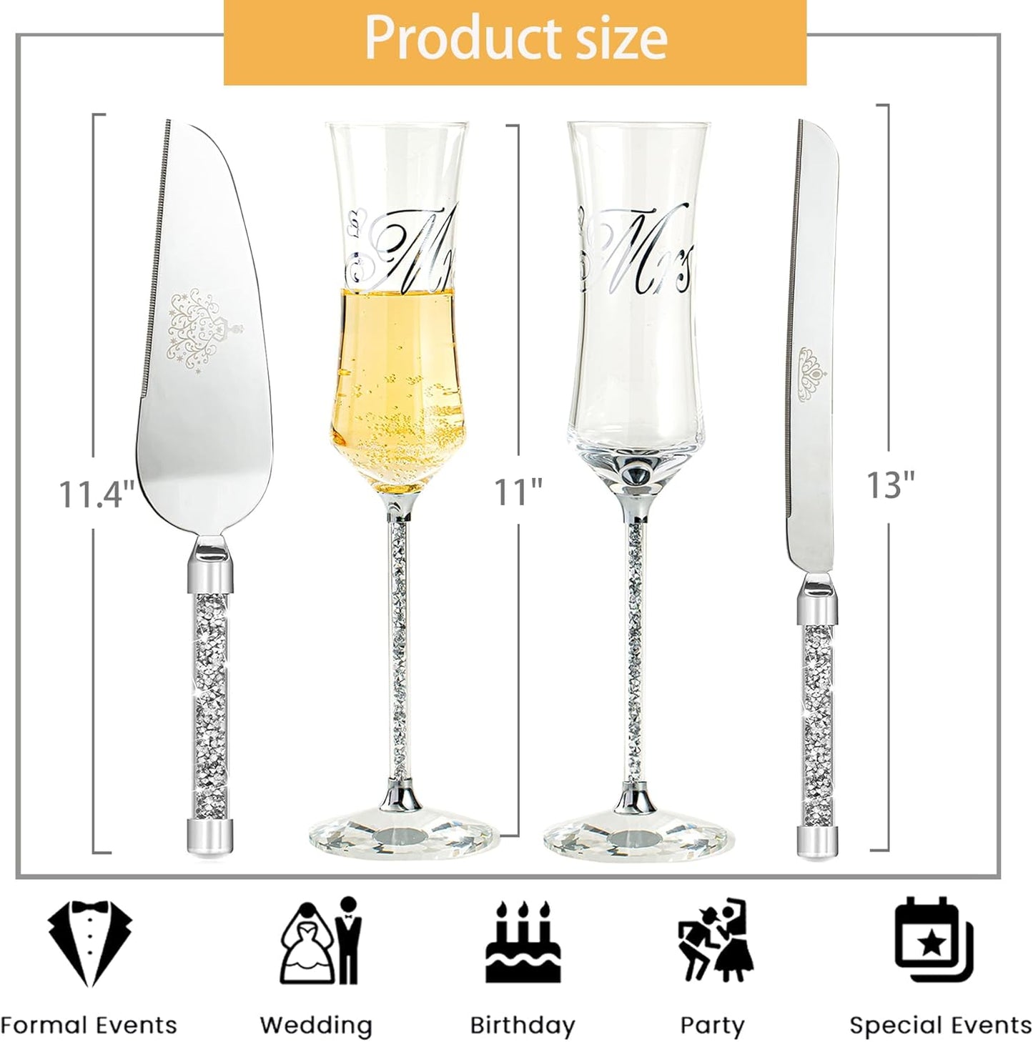Wedding Cake Knife and Server Set, Wedding Cake Cutting Set with Mr and Champagne Flutes Glasses for Bride and Groom Gifts for Couples