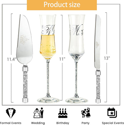 Wedding Cake Knife and Server Set, Wedding Cake Cutting Set with Mr and Champagne Flutes Glasses for Bride and Groom Gifts for Couples