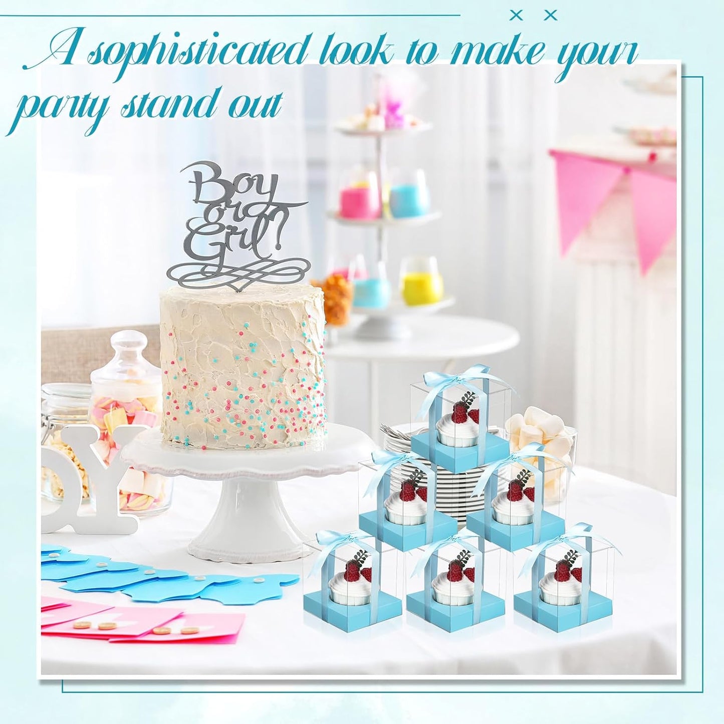 Thenshop 50 Pcs Clear Cupcake Boxes Individual 3.5 Inch Plastic Single Cupcake Containers Boxes with Inserts and Ribbon Individual Cake Storage Holders for Cake Kitchen(Dark Blue)