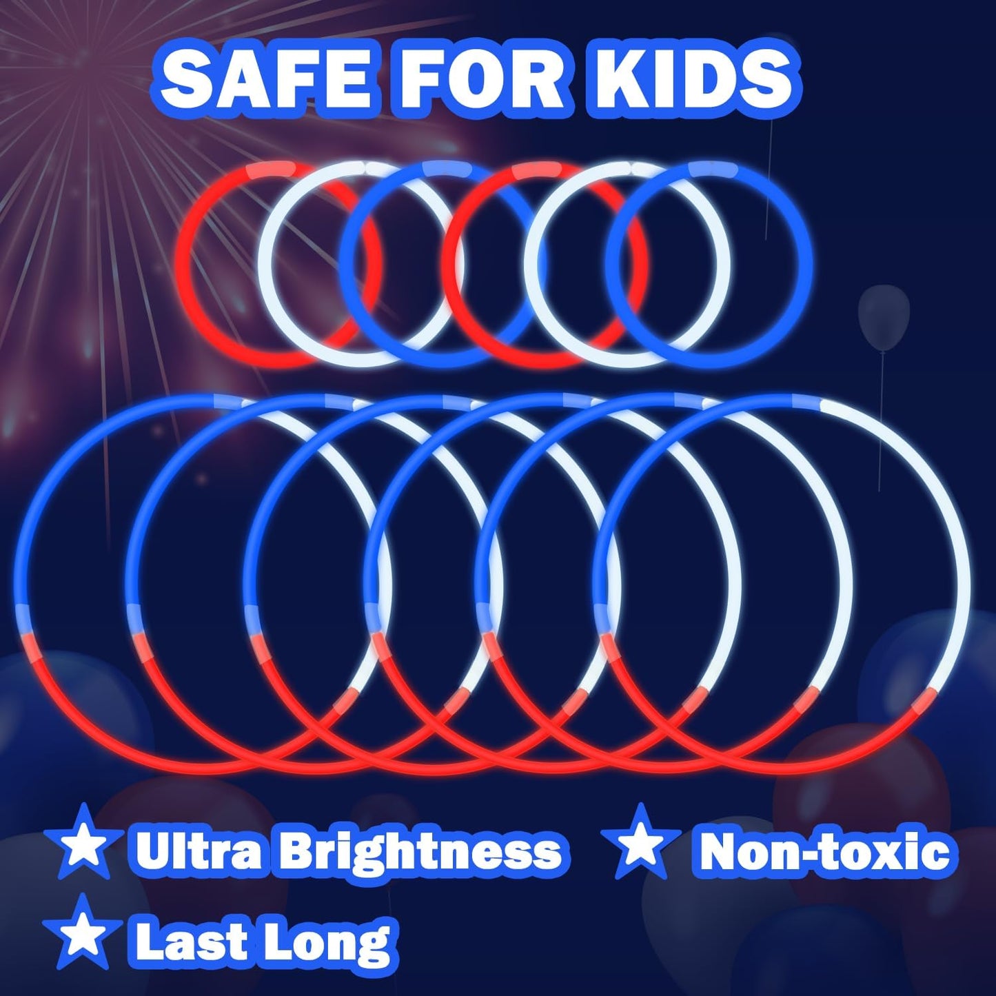 4th of July Red White Blue Glow Sticks Party Favors for Kids 90 PCS,Light Up Bracelets Necklaces for Fourth of July,Memorial Day Accessories Decorations,250th Patriotic Gift Treat Goodie Bag Stuffers