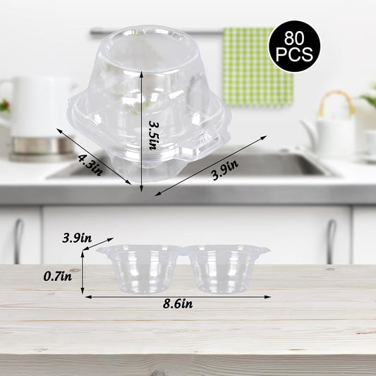 JarThenaAMCS 80 Pack Plastic Cupcake Containers 4-Compartment Clear Boxes Disposable Cupcake Tray Holders 4 Cavity Cupcakes Carriers with Deep Dome for Muffin Packaging
