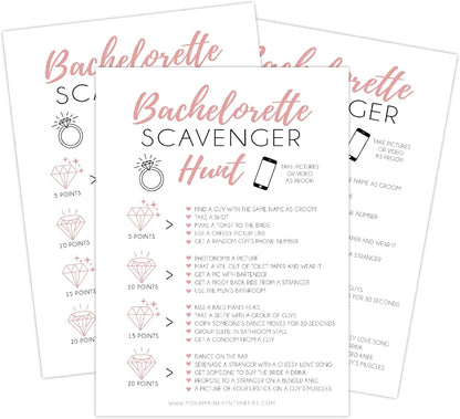 Your Main Event Prints 25 White Bachelorette Scavenger Hunt Party Games, Drinking Game and Dares, Fun Novelty Cards for Girls Night Out