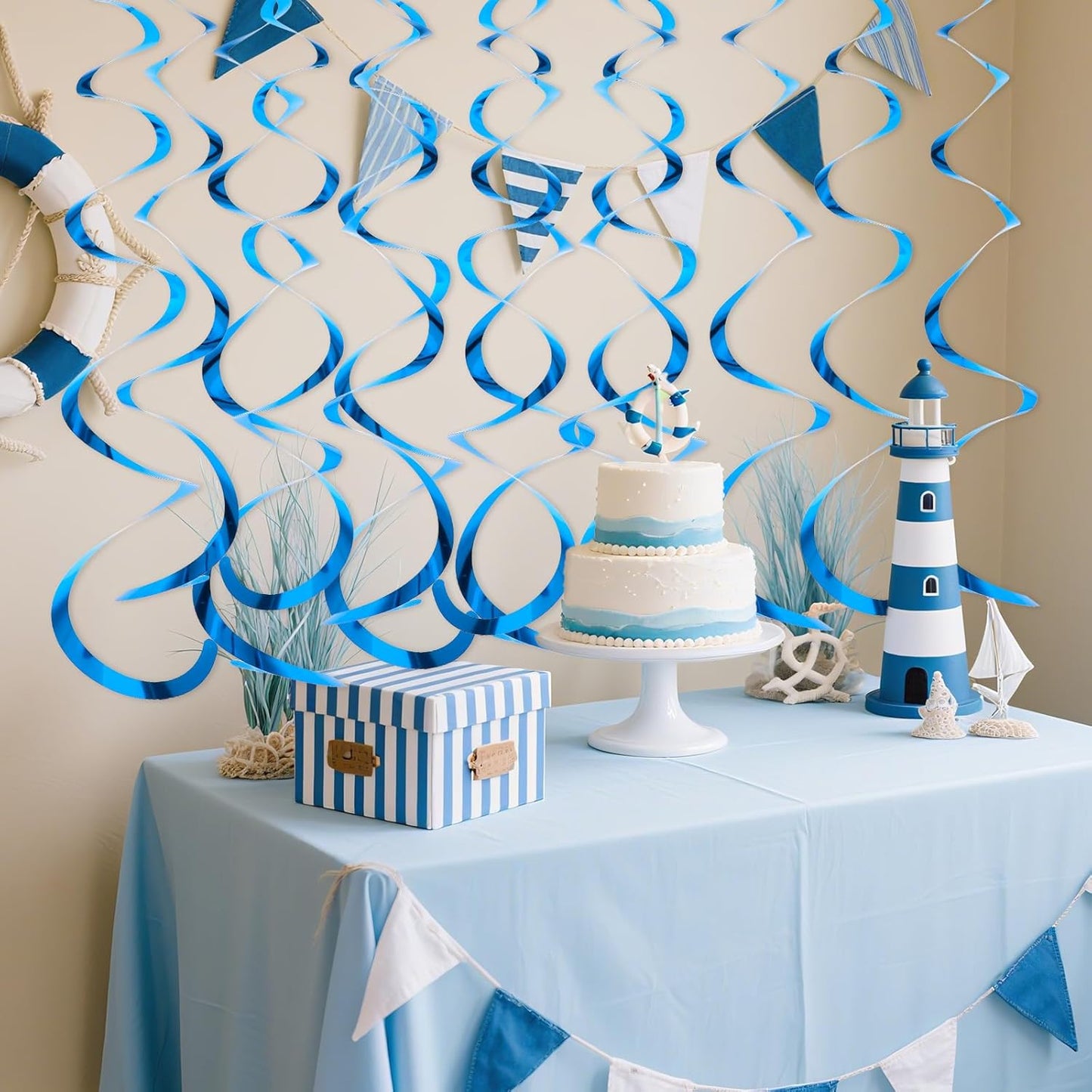 Hanging Swirls Party Decorations, 24 Pcs Blue Streamers Ceiling Hanging Swirl for Birthday Wedding Party Christmas Graduation Celebration Anniversary Decoration
