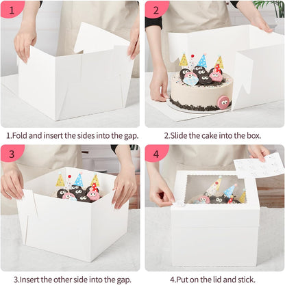 ZORRITA 2 Pack Cake Boxes, 10 x 10 x 8 Inches Tall Cake Boxes with Cake Boards, Disposable Cake Containers with Lids and Window for Wedding, Birthday, Party