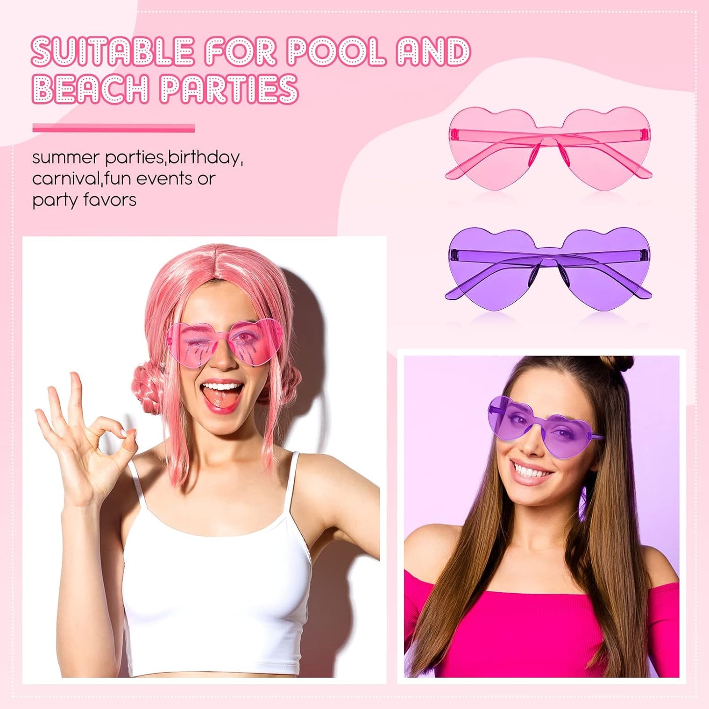 Frienda 8 Pairs Heart Shaped Sunglasses for Women Rimless Heart Glasses Candy Color Sunglasses for Party Favor