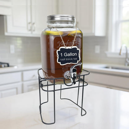 1 Gallon Glass Drink Dispenser for Parties, 2 Packs Juice Lemonade Ice Tea Water Dispenser with Stand, HENABLE Beverage Dispensers with Spigot for BBQ, Picnic, Party