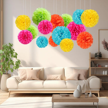 18 PCS Tissue Paper Pom Poms, Tissue Pom Poms Flowers, Sizes of 6", 10", 12", 14" Hanging Paper Flower Ball for Wedding, Birthday, Halloween, Christmas, Baby Shower Party Decor (Red Black Gold)